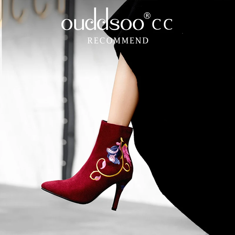 

ODS Rero Ethic Embroidery Ankle Genuine Leather Cow Suede Med Heels Pointed Toe Dress Party Lady Shoes Woman Short Boots 414243