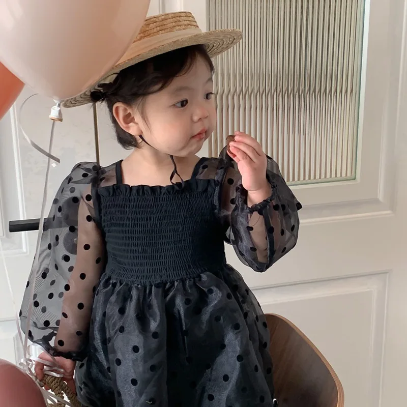 

2023 New Korean Style Lace Sleeve Spring Baby Dress Dot Pure Color Gauze Kids Dresses for Girl Children Princess Party Dress