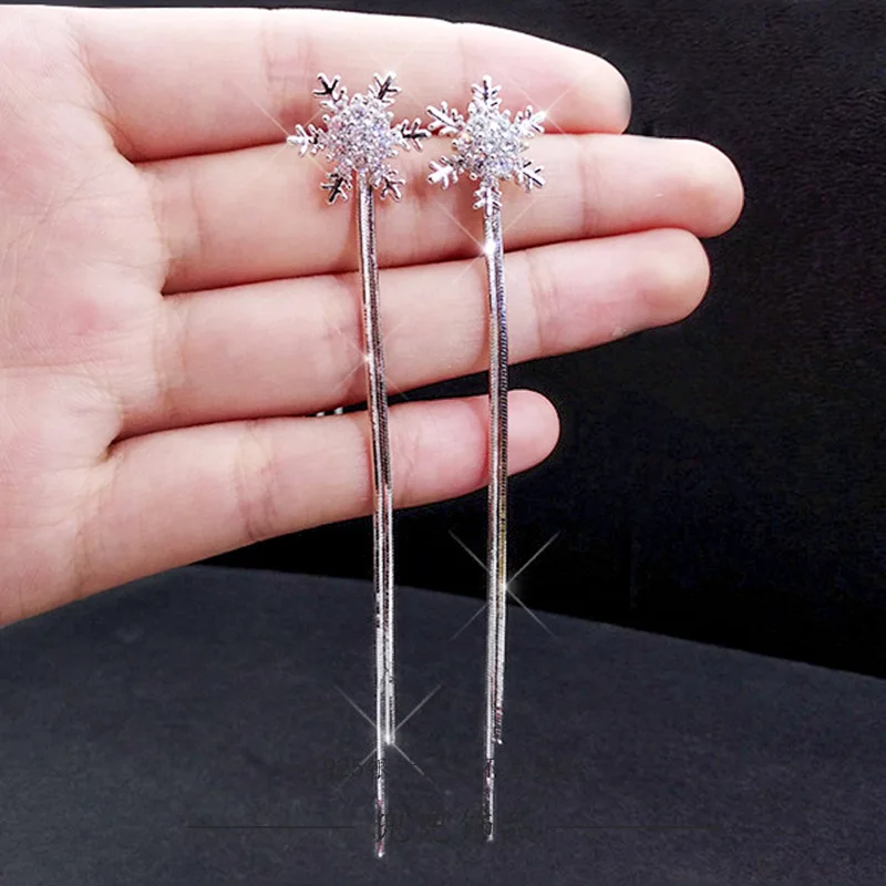 2023 New Shiny Zircon Snowflake Stud Earrings for Women Long Tassel Earring Engagement Anniversary Earring Jewelry Pendientes