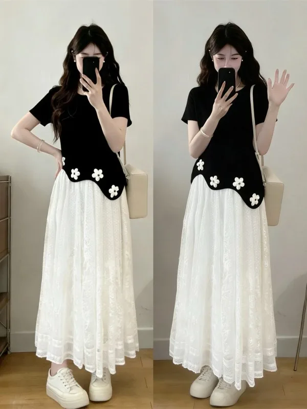

Summer plus Size Women's Fashionable Casual Outfit Short Sleeve Irregular Flower Print Top And High Waist A-Line Skirt Set