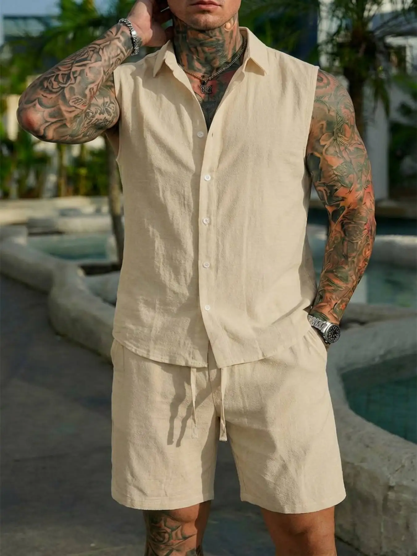 Conjunto de camisa de lino de verano para hombre, conjunto informal de dos piezas para exteriores, pijamas para estar en casa, cómodo y transpirable, de manga corta para la playa