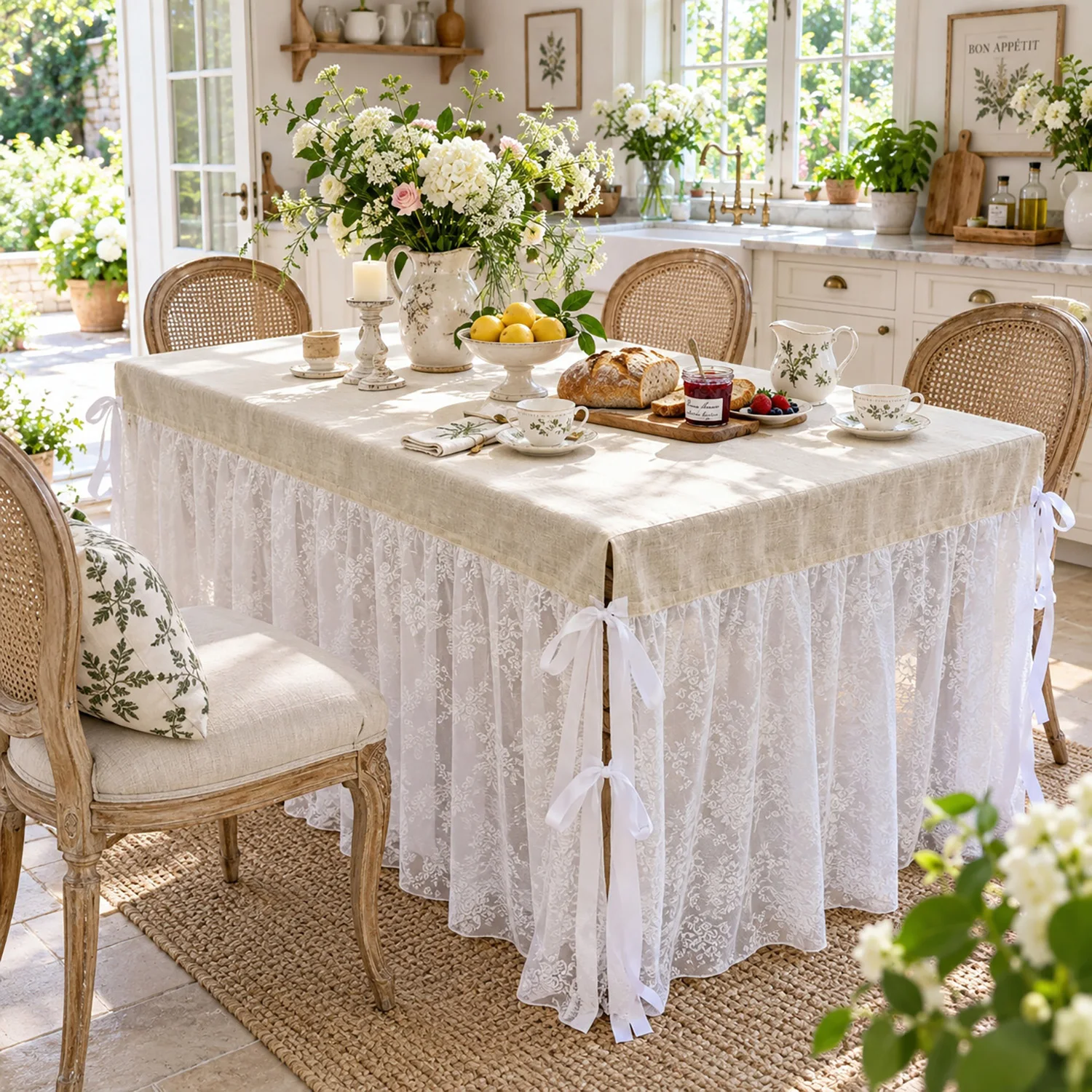 1PC Pastoral White Lace Floral Tablecloth, Table Skirt for Kitchen, Dining Room, Living Room, Party Wedding Home Decor