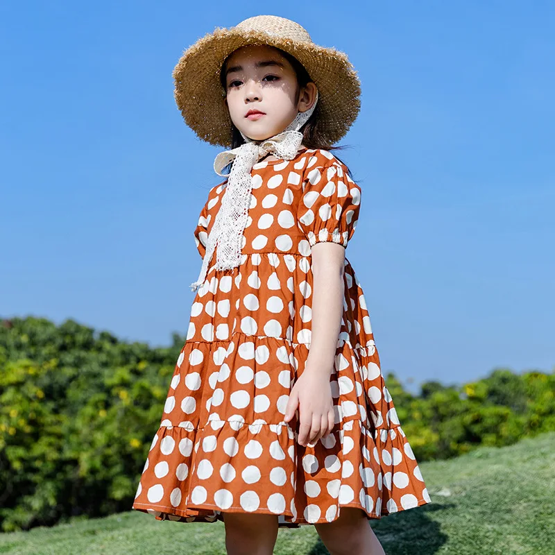 

JUCPKID 2024 Korean Summer School Girl Dress Teenager Girl Dot Bubble Sleeves Dress Junior Girl Retro Casual Cotton Dress