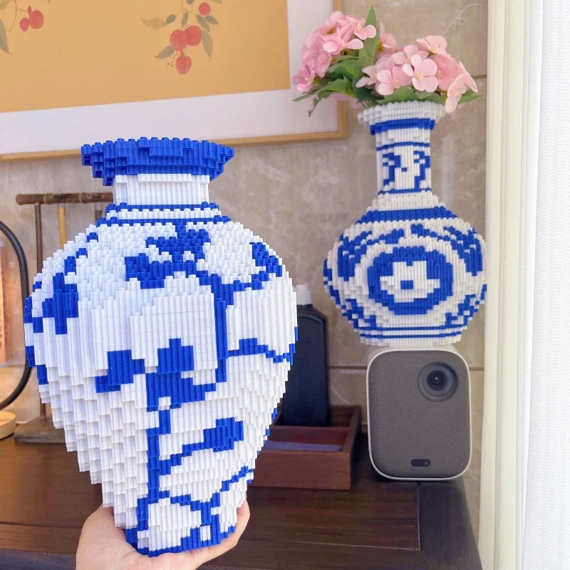 New Chinese Style Blue and White Porcelain Vase DIY Assembly Blocks Toy 3D Desktop Decoration Children and Adults Gift