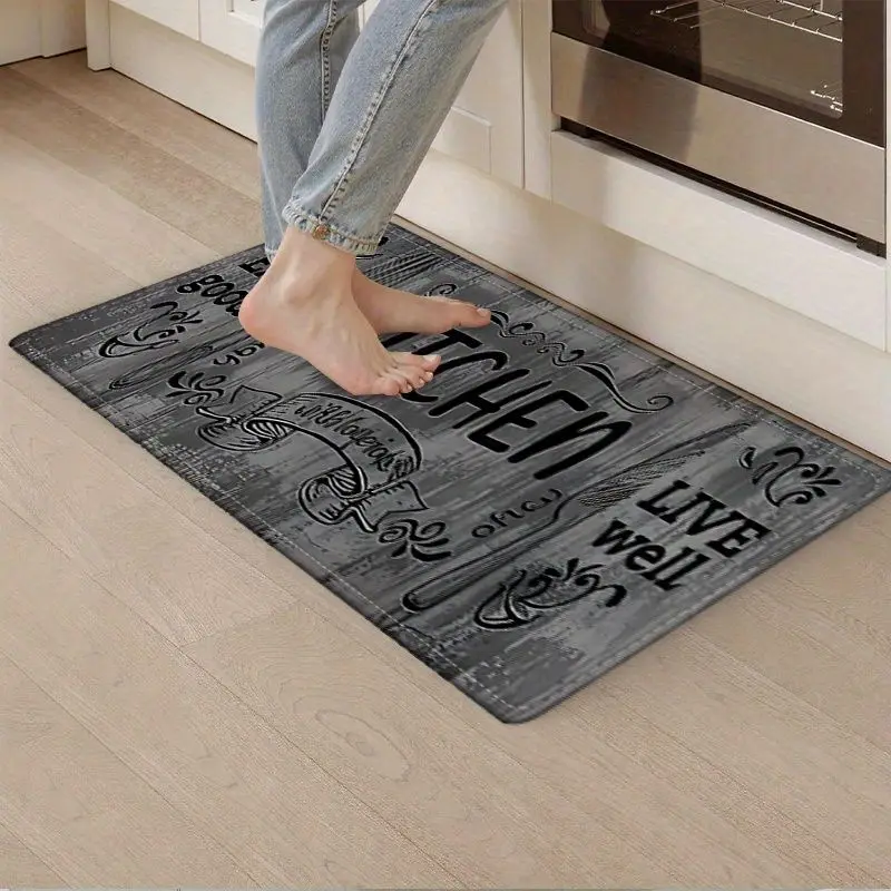 VIKAMA Kitchen Mat Vintage Wood Grain Enjoy Life Slogan Non Slip Tableware Rug Washable for Kitchen Laundry Room Home Decor