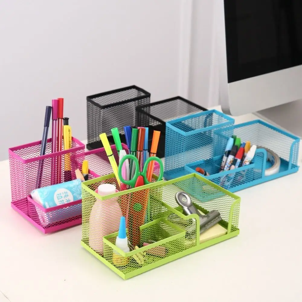 3/4 Grid Metal Mesh Pen Holder Hollowed-out Creative Desk Stationery Organizer Space-Saving Large Capacity