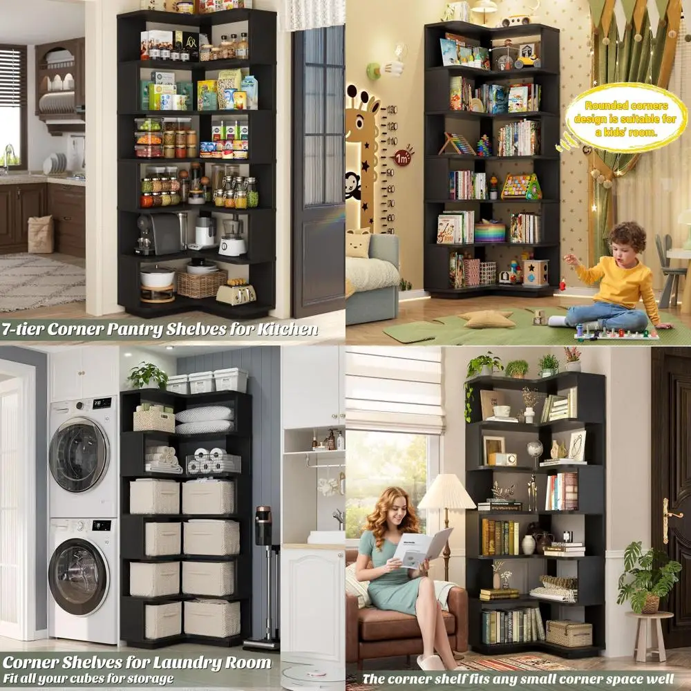 

7-ярусная L-образная книжная полка, отдельно стоящая подставка для книг для дома или офиса, подходит для гостиной, спальни, кухни, черная