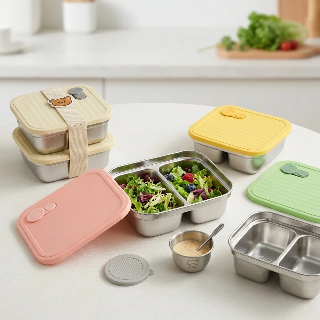 304 Stainless Steel Lunch Box With Sauce Box Portable Fruit Salad Food Storage Container Stackable Sealed Bento Box For Student