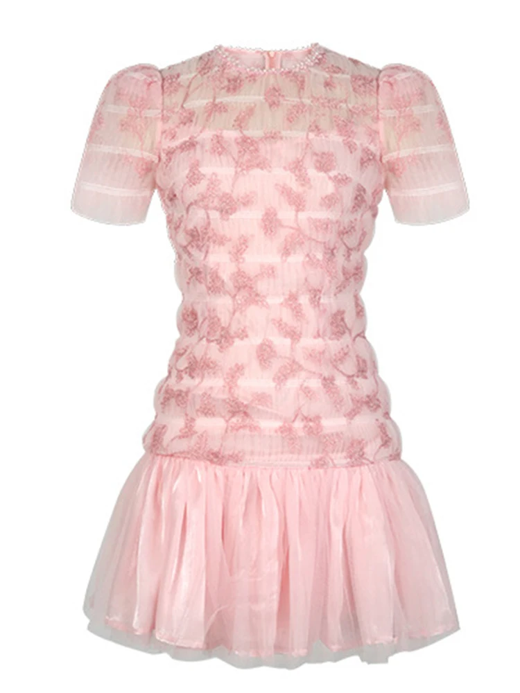 Ropa de mujer malla dulce Rosa bordado manga corta ajustado cola de pez Mini Vestido corto elegante fiesta graduación Vestidos noche verano