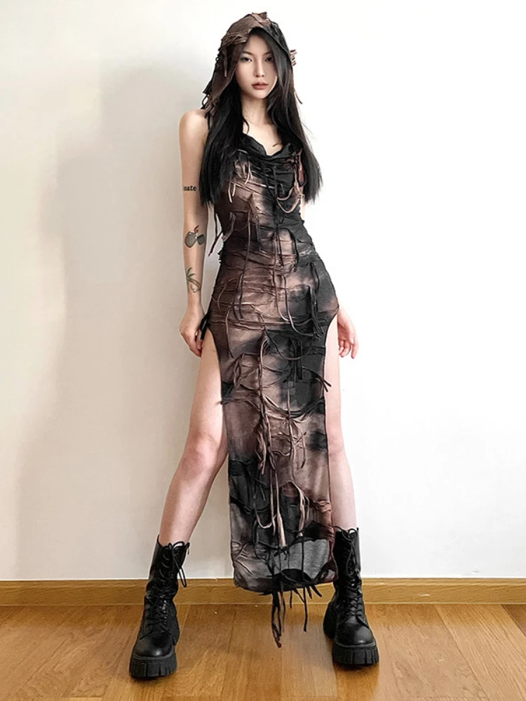 Summer Streetwear Hooded Women Fairy Dresses Y2k Aesthetic Basic Split Bodycon Dress Harajuku Vintage Tie-dye Grunge Vestidos