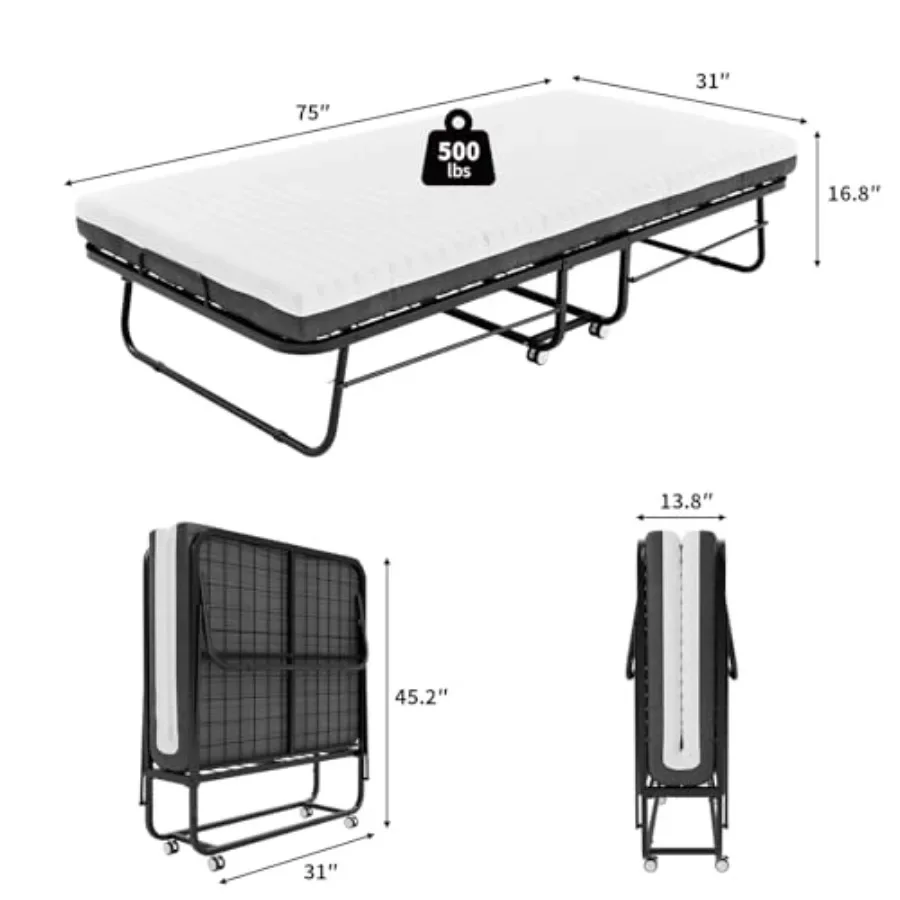 Folding Bed with 5-Inch Memory Foam Mattress, Portable Roll-Away Guest Bed for Adults, Space-Saving Fold-Up Metal Frame Bed in