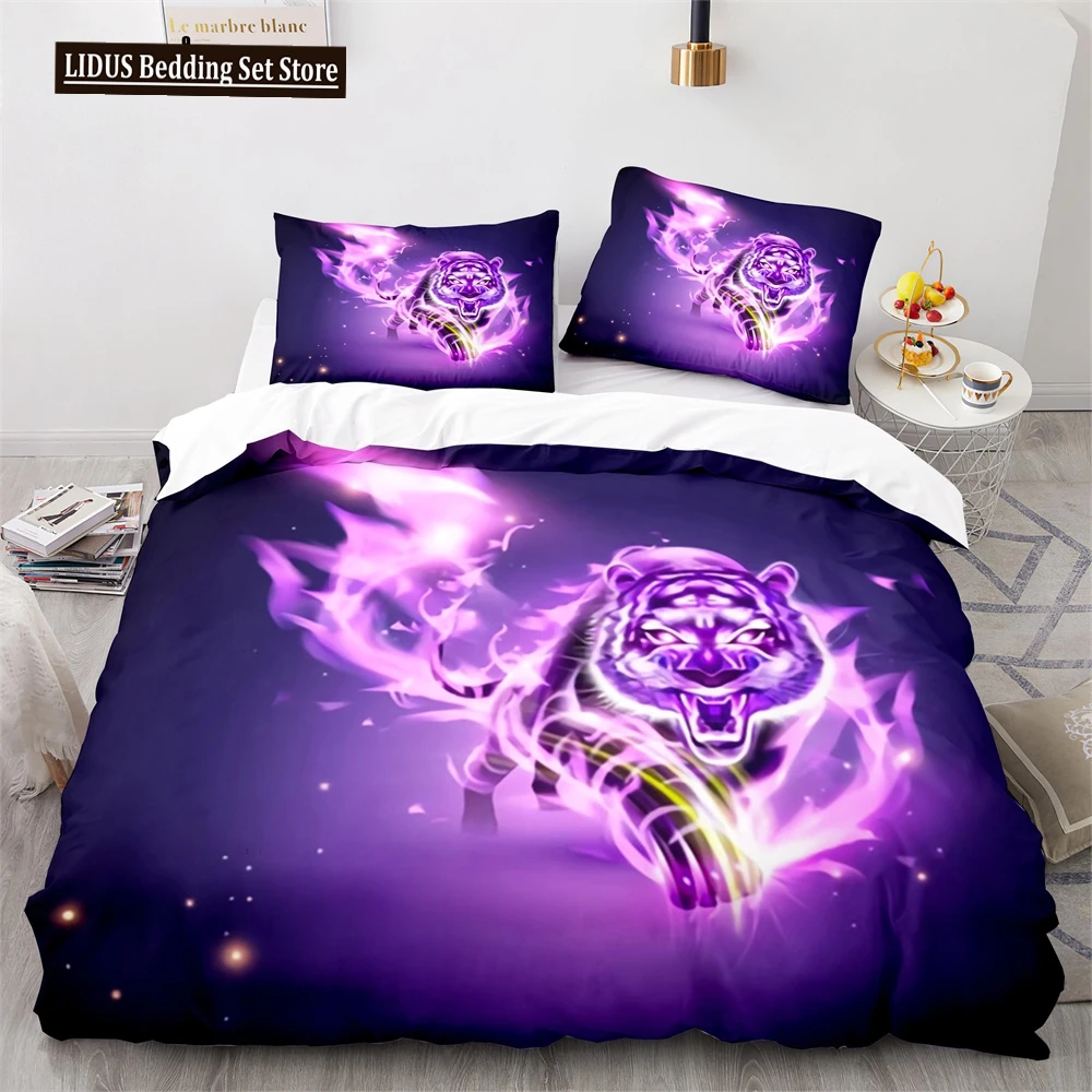 

Purple Fire Tiger Duvet Cover Set 3D Print Wild Animals Queen King Size Bedding Set For Kid Boy Teen Comforter Cover With Zipper