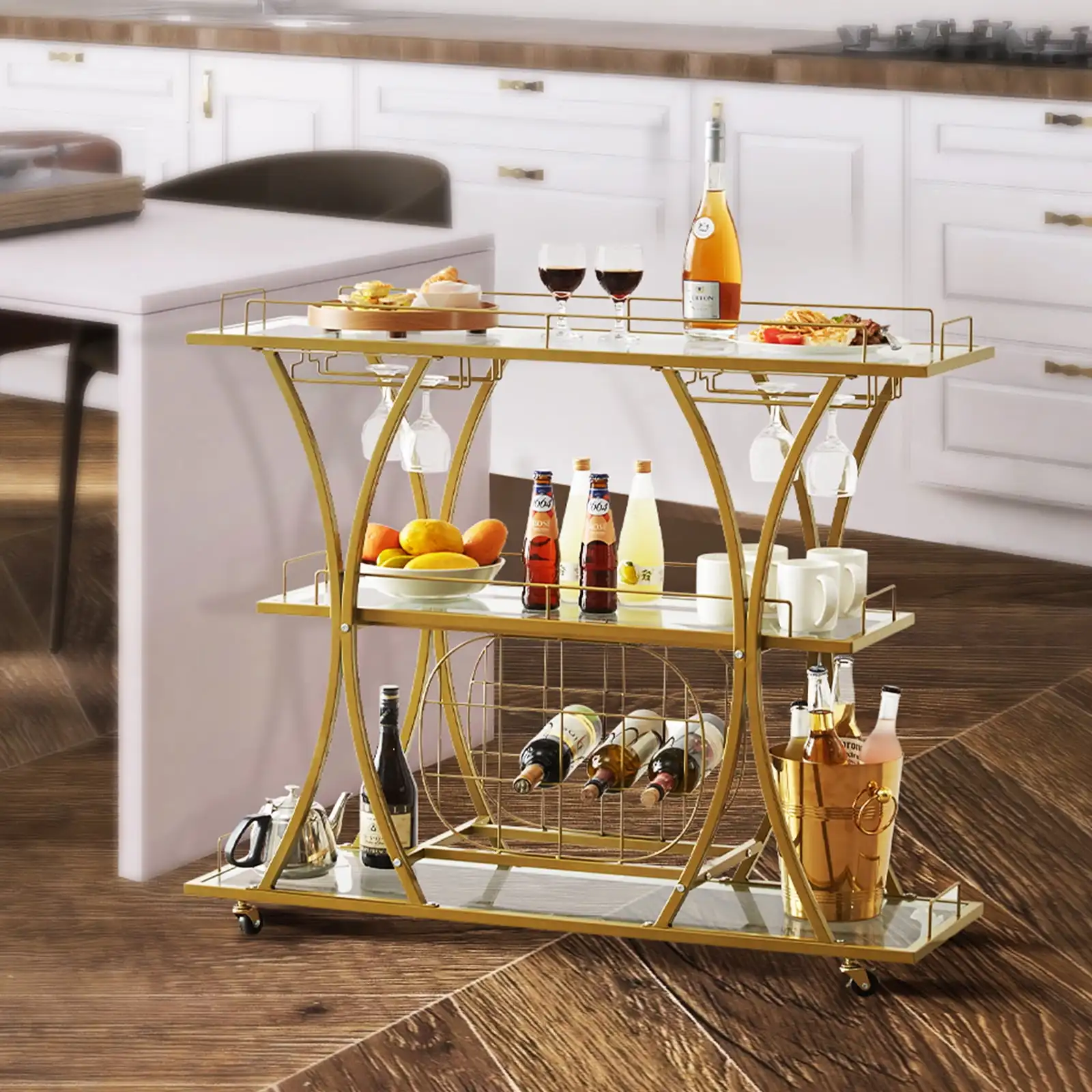 

3 Tiers Gold Metal Bar Serving Cart with Wine Rack Glass Holder 180 lbs