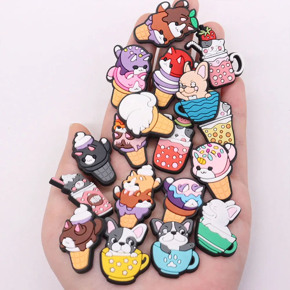 Sell Retail 1-18pcs PVC Shoe Charms Teacup Dog Ice Cream Cat PVC Accessories Shoes Buckles Fit Wristbands Kids Party Gift