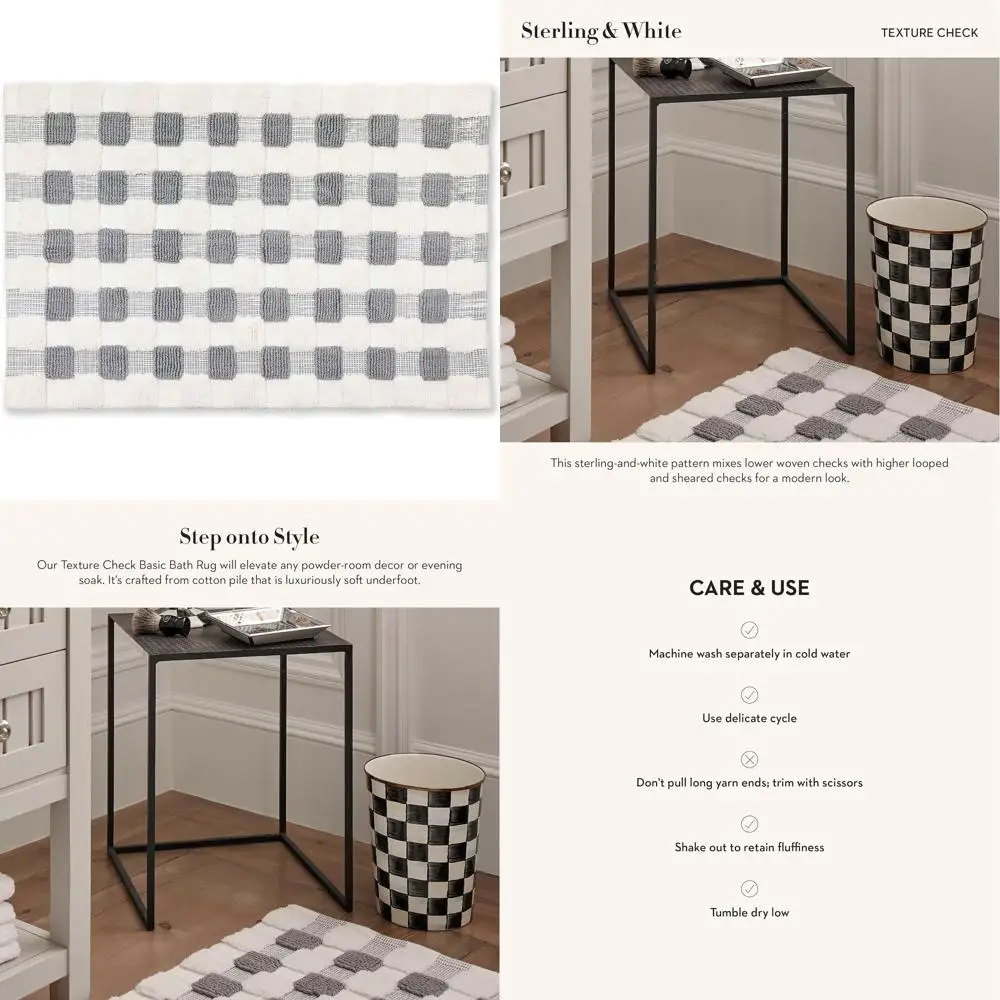 

Cotton Bath Mat, 24 x 36, Sterling & White Textured Check Pattern