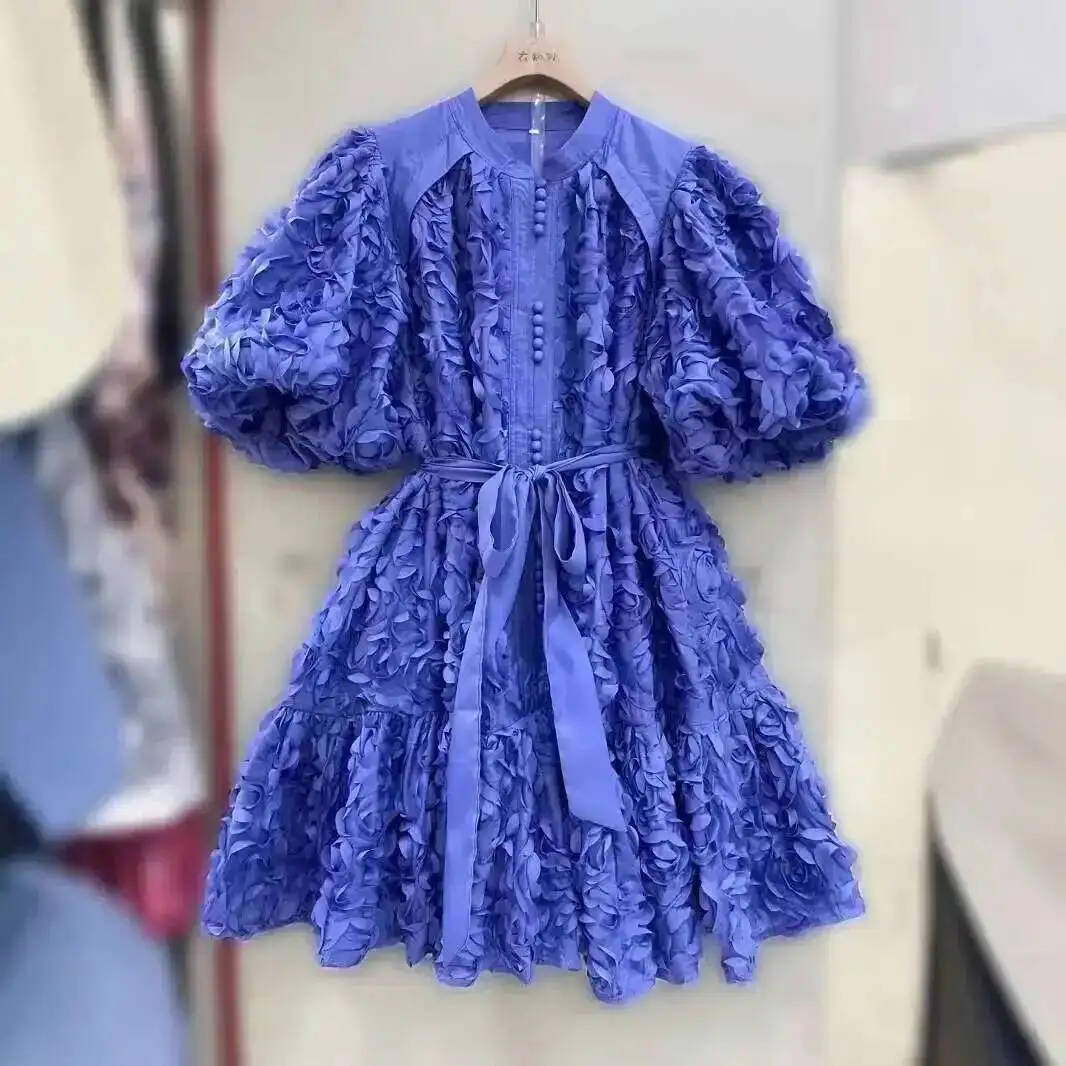 Luxe 3D Bloem Prom Formele Jurk Vrouwen Zomer Herfst Losse Big Size A-lijn Geplooide Single Breasted Midi Lange Feestjurken - afbeelding 2