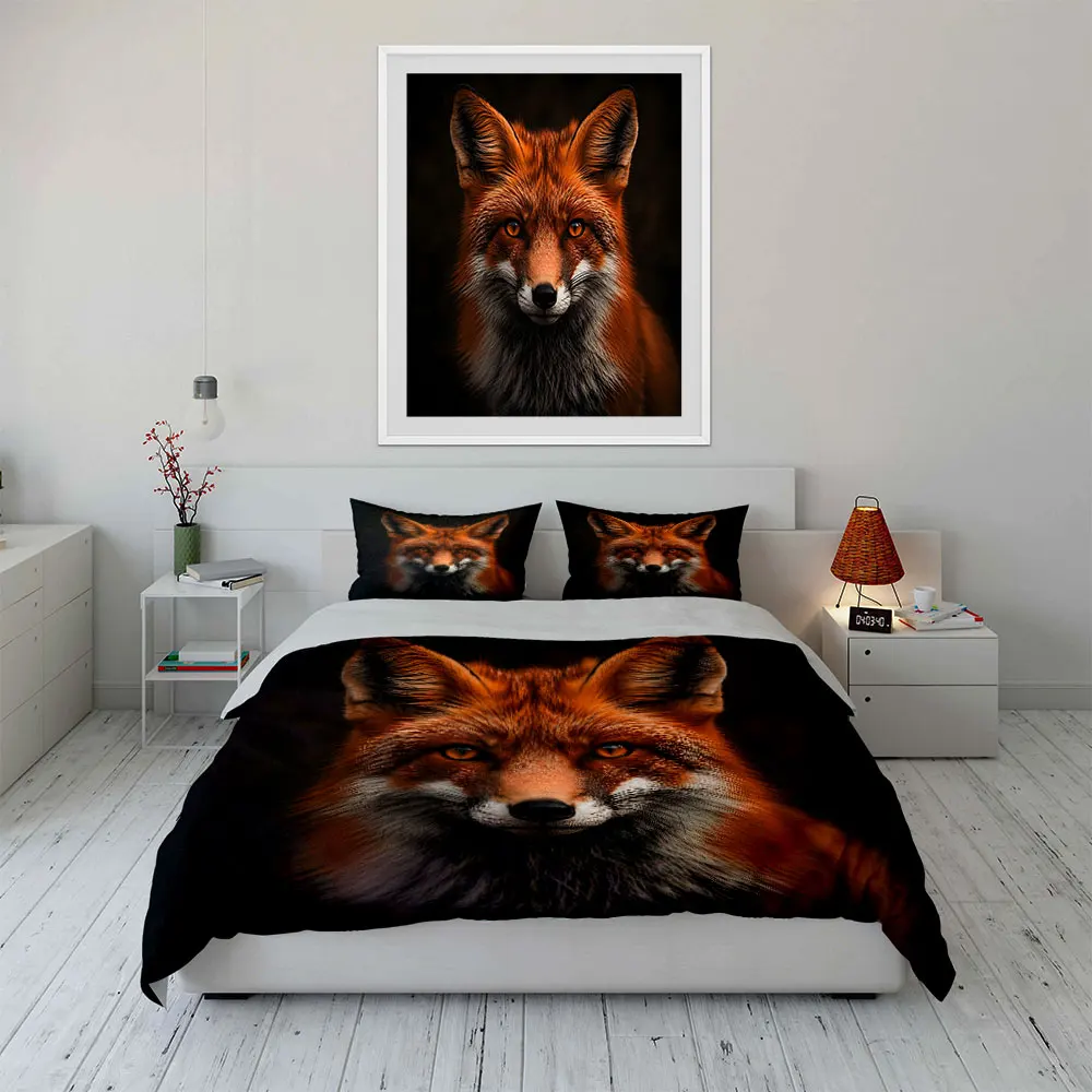 Red fox staring forward black background Soft Comfortable Duvet Cover Bedding Set Included 1*Duvet Cover  2*Pillowcases