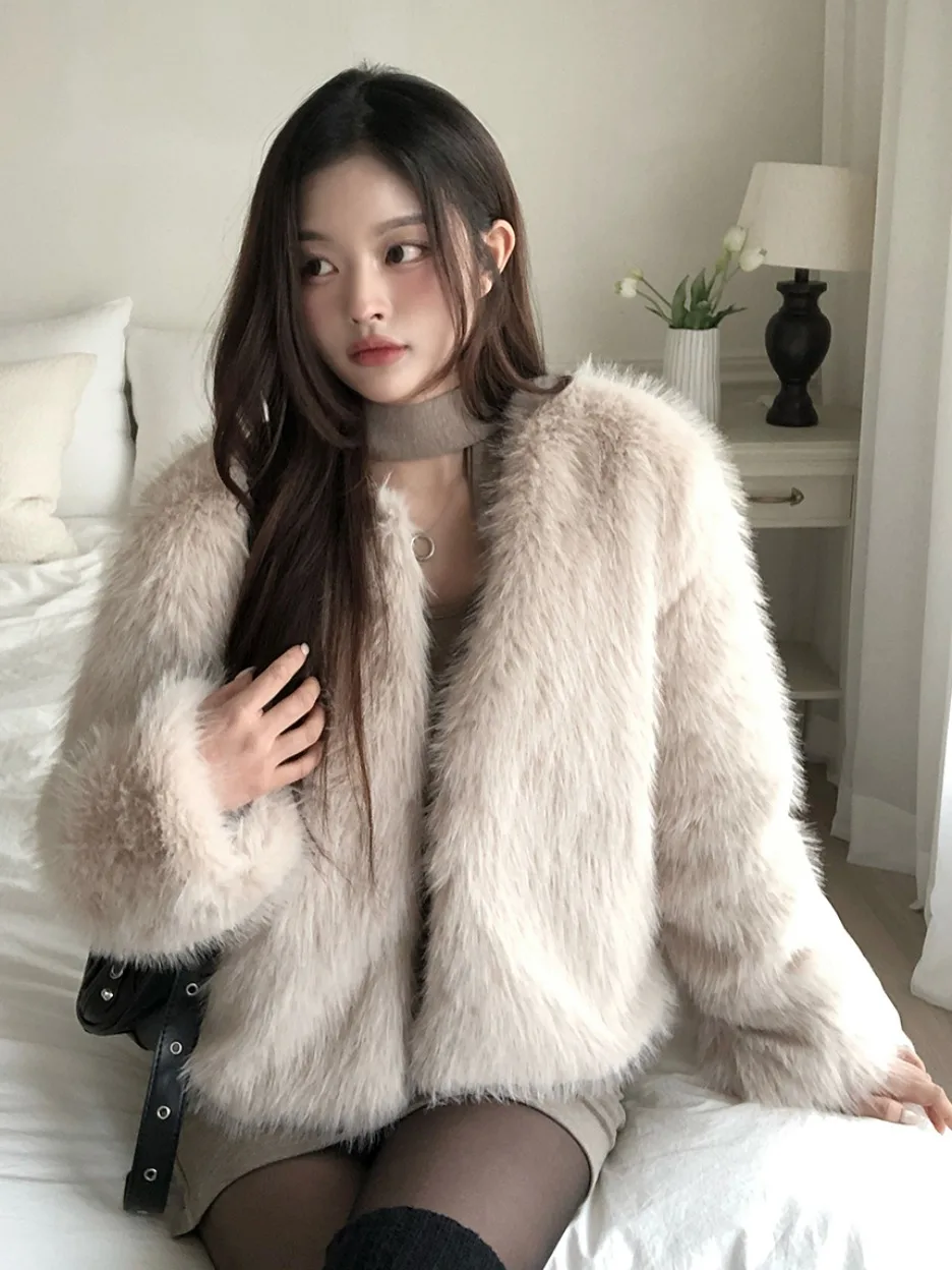 

Korean Sle ort Pure Color Furry Lazy Sle Women's Outerwear Autumn Winter Slimming Versatile Open Cardigan Warmth