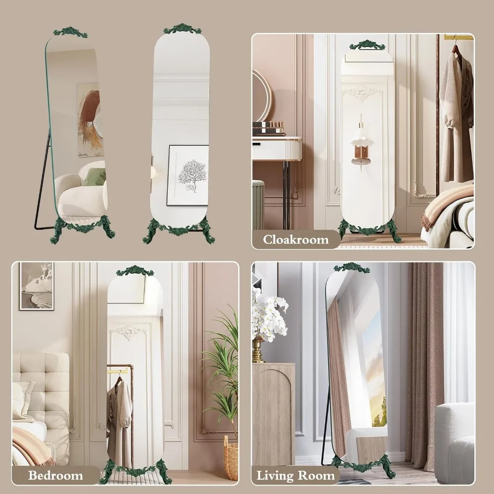 Vintage elegante gotische gesneden gebogen spiegelstandaard over de volledige lengte, 61,5 H x 20 W grote wandspiegel, groen modern decoratief