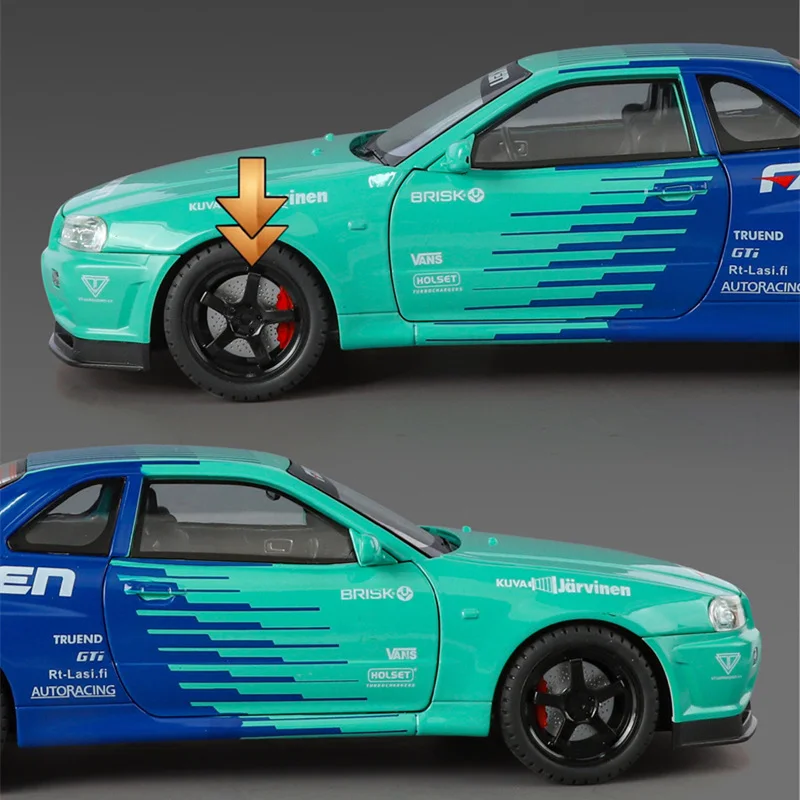 1:18 Skyline Ares GTR GT-R R34 pista de aleación modelo de coche deportivo Diecast Metal coche de carreras vehículo modelo sonido y luz niños juguete para regalo