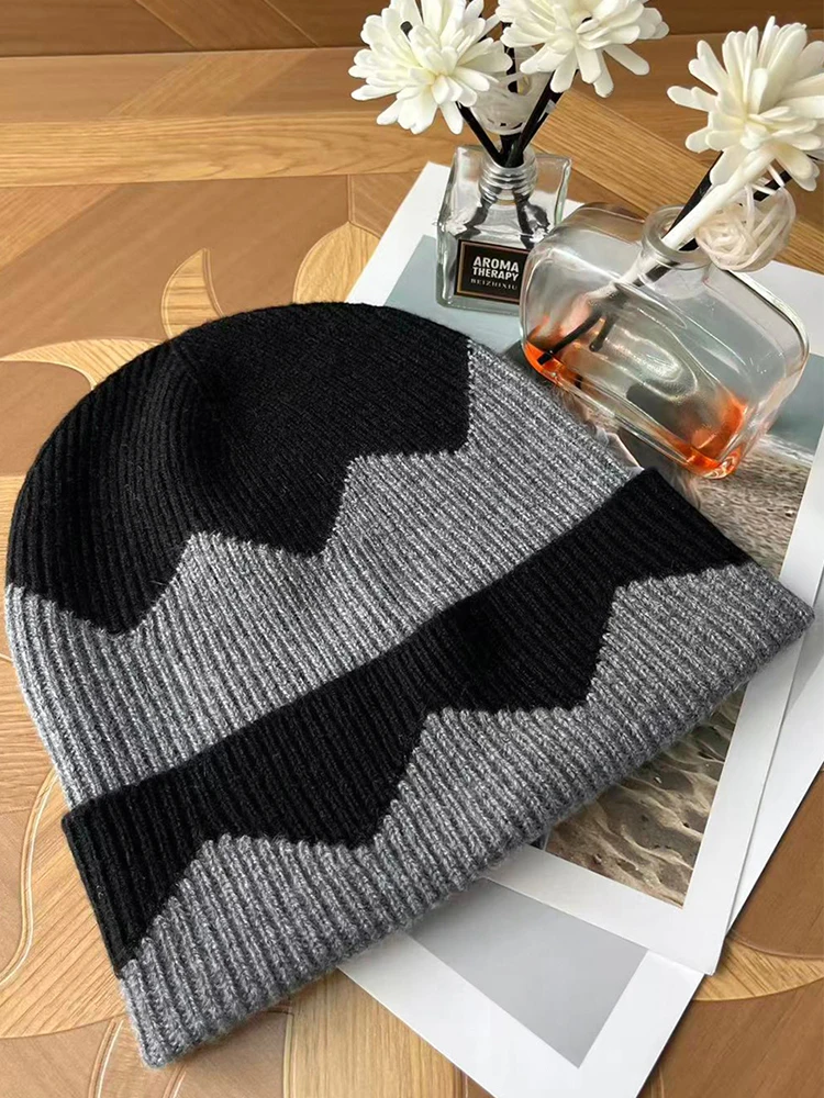 100% Cashmere  Knitted Beanies Patchwork Color Trawler Women Men Autumn Winter Hat Soft Warm Fisherman Hair Bonnet Premium