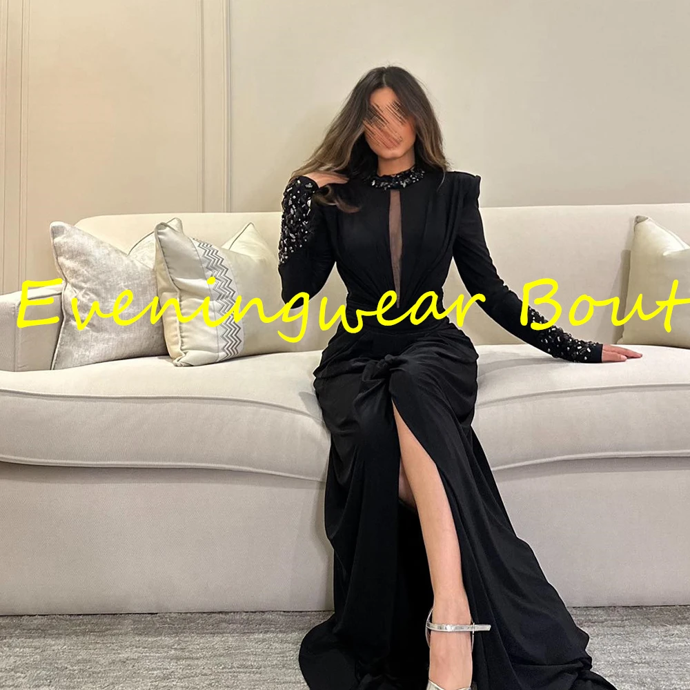 Customized Fashion Straight Floor Length High Collar Long Sleeves Crystal Evening Dress Elegant Photo Color vestidos para mujer