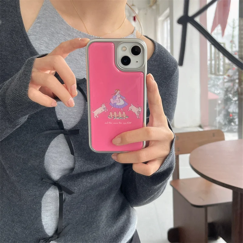 Electroplated silver frame pink countryside girl phone case suitable for iPhone 12 13 14 15 16 pro max