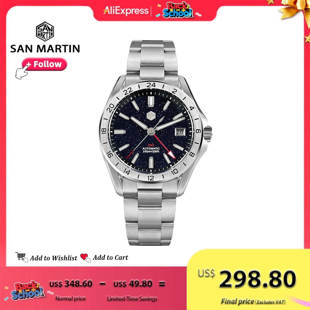 

San Martin 39mm GMT Luxury Men Watch Aventurine Gemstone Dial NH34 Stainless Steel Automatic Mechanical Wristwatch 100m SN0129