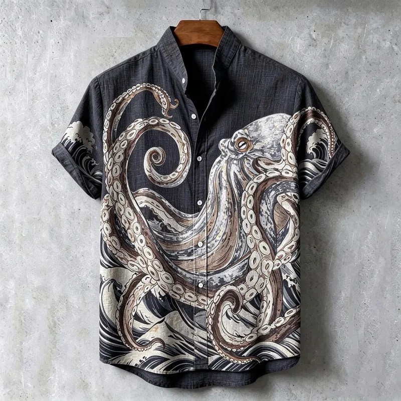Men Stand Collar Short Sleeve Casual Shirt Ukiyo-e Octopus Wave Vintage Print Loose Breathable Beach Surf Fashion Daily Tops