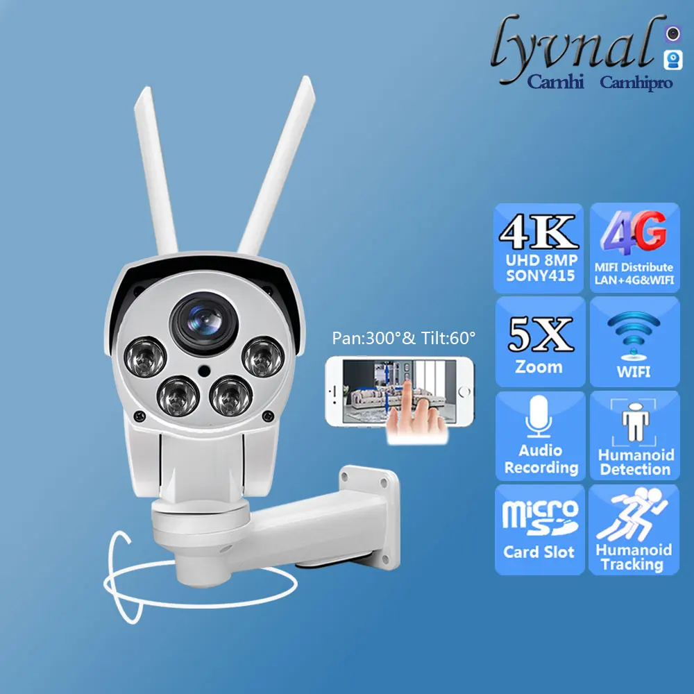 4K 8MP SO-NY415 3G 4G SIM Card PTZ Wireless Security IP Camera Wifi 5X Optical Zoom Audio Auto Human Tracking IR Night Version
