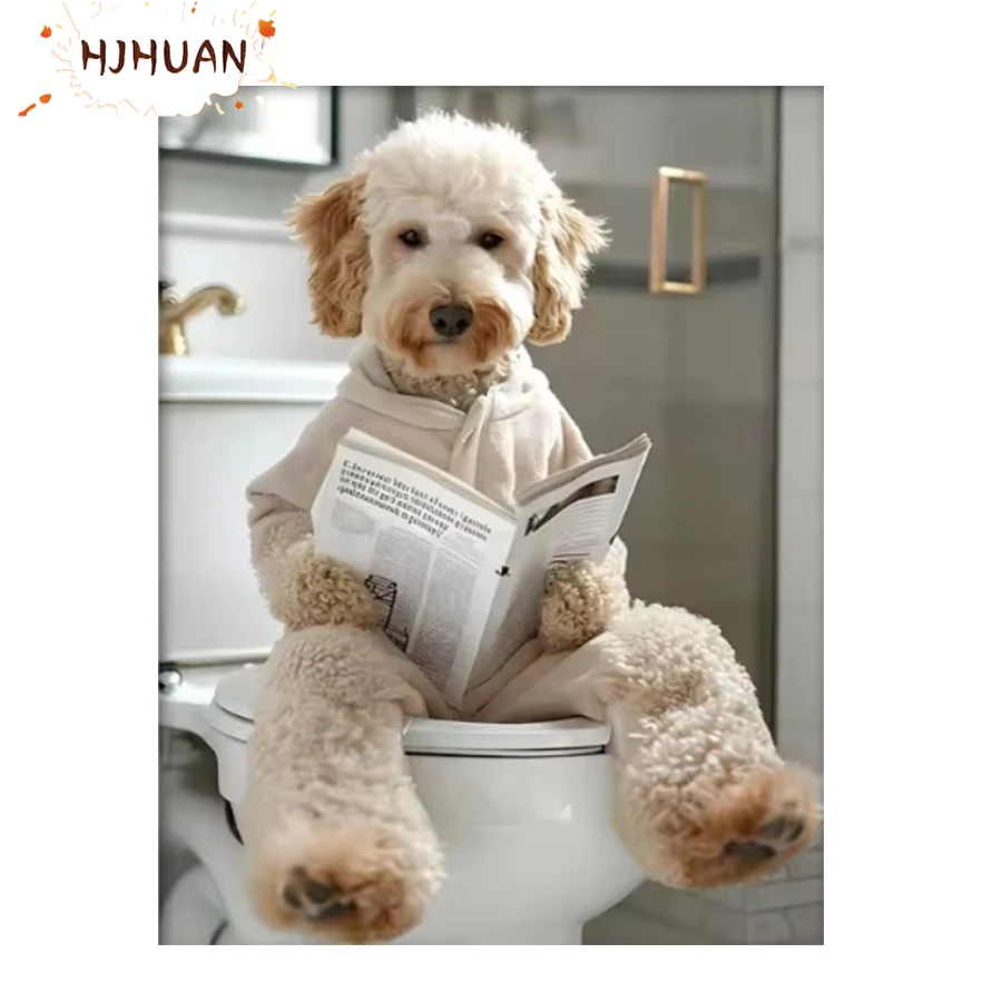 

Diamond Painting Animal dog squat toilet look at mobile phone diy Full Square/round Diamond Embroidery Picture Mosaic Home Decor
