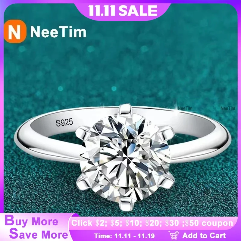 

NeeTim 1-5CT Moissanite Ring Lab Diamond Solitaire Ring for Women S925 Silver Engagement Party Wedding Band Jewelry Certified