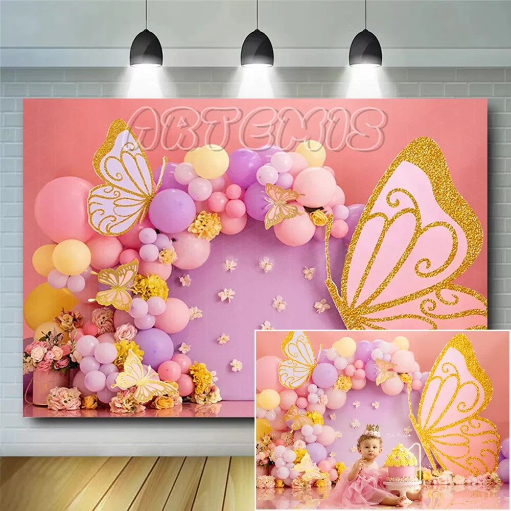 

Golden Butterfly Wings Photo Background Photography Pink Floral Balloons Decorative Girl Birthday Portrait Cake Smash Backdrops