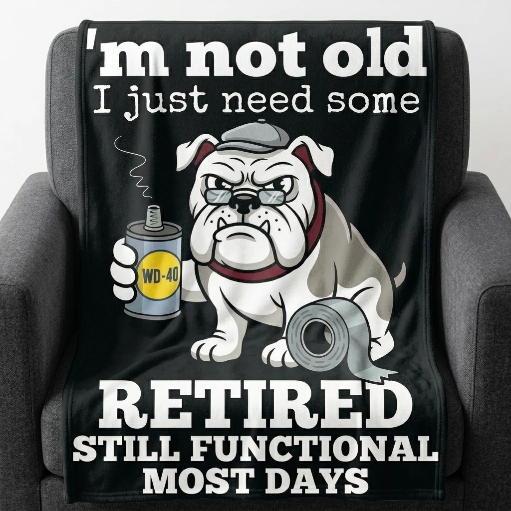 Retired Bulldog I'm Not Old WD‑40 Still Functional Flannel Throw Blanket, Funny Tough Retired Mechanic Dog Soft Cozy Home Decor