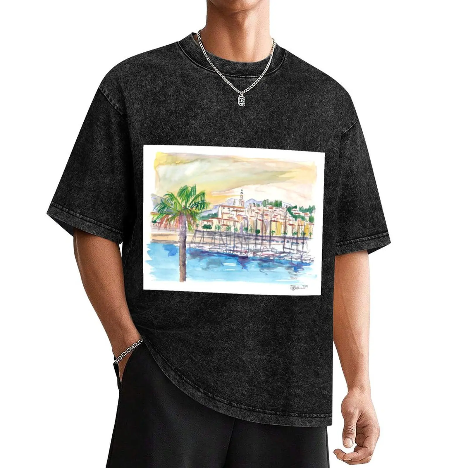 

Menton Provence France Harbour Scene with Waterfront T-Shirt funny shirt cotton hippie clothes heavyweight t shirts for men