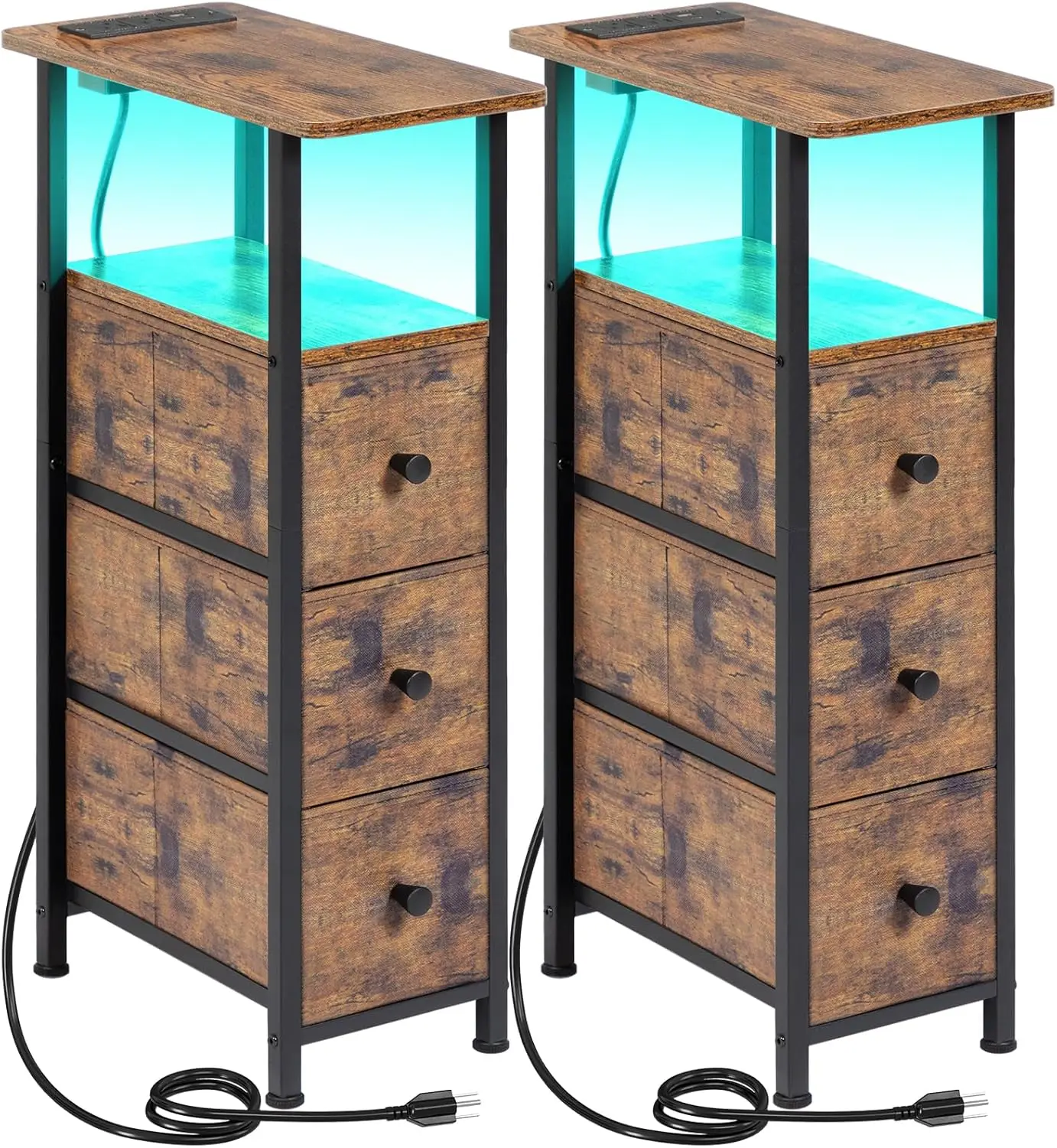 

Narrow End Tables Living Room Set of 2 with Charging Station, Skinny Side Table with Fabric Drawers, Slim LED Nightstand for Bed
