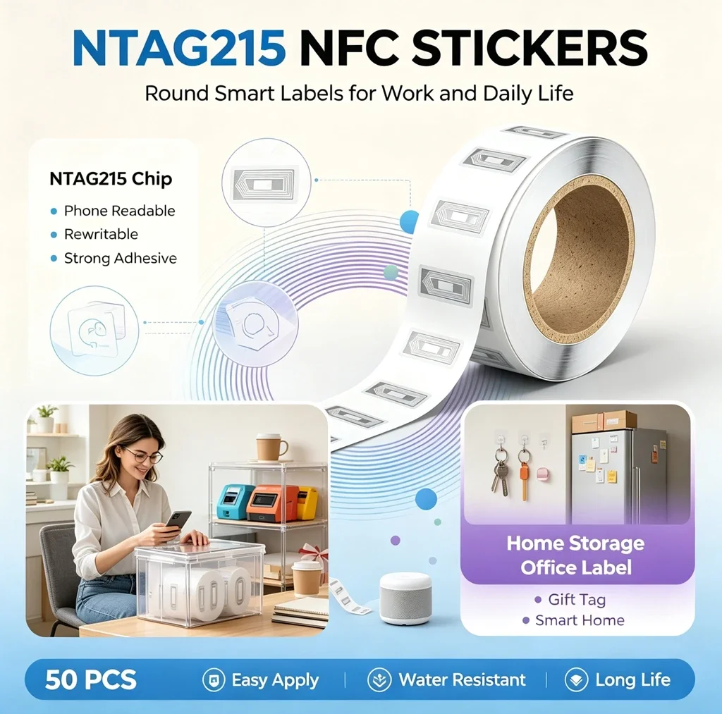 Rectangle NTAG215 NFC Tags Stickers, Rewritable NFC Paper Labels, Self-adhesive RFID Sticker, Compatible with Phone for Smart Ho