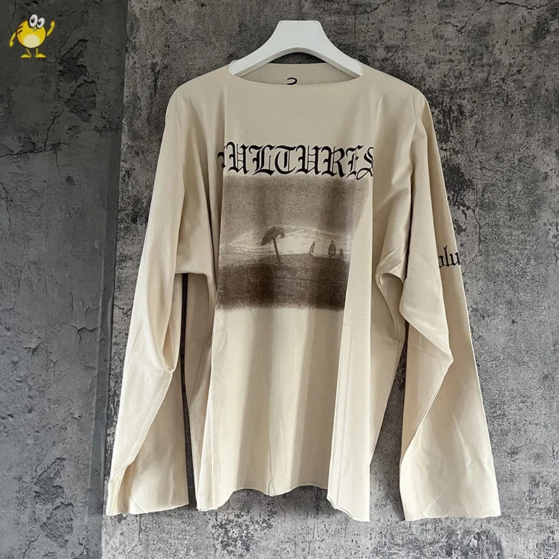 Camiseta de manga larga para hombre y mujer, camisa holgada con estampado gráfico Vintage, color negro, albaricoque, Kanye West Vultures, 1:1, YZY High Street