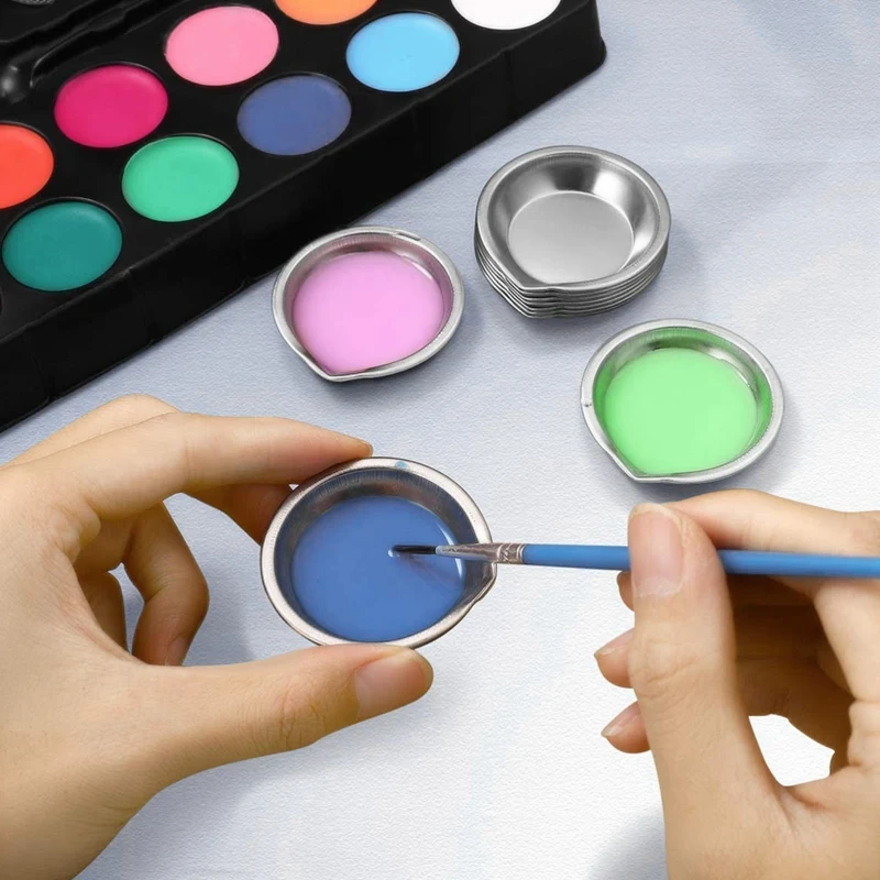 12Pcs Makeup Palette Stainless Steel Small Round Paint Tray Artist Watercolours Paint Mixing Palette Tray for Artist