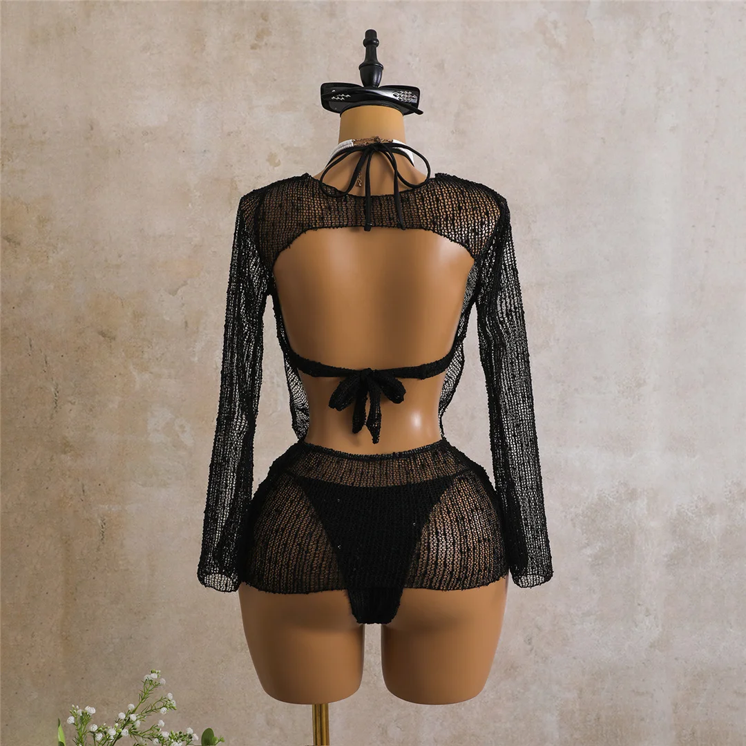 Sexy Neckholder-Bikini, Damen-Badeanzug, dreiteiliges Bikini-Set mit langärmeligem Kleid, Badeanzug, Badebekleidung, Schwimmanzug V7925C – Detail 35