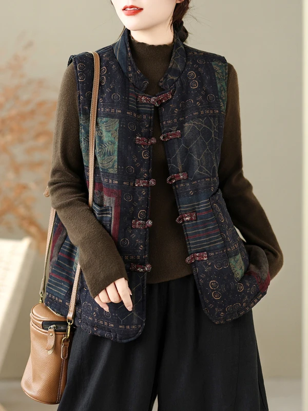 Authentic Chinese Style Cotton Linen Printed Button Vest Artistic Retro Jacket Women's Outerwear Thickened Winter Warm Vest