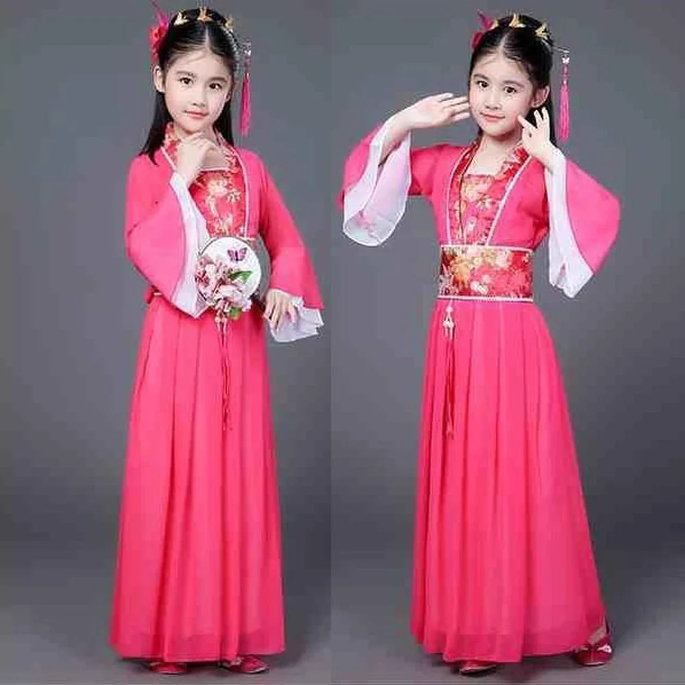 Traditional Dance Fans Chinese Traditional Dress for Kids Hanfu Red Hot Pink Sky Blue White Green Yellow Halloween Girls Costume