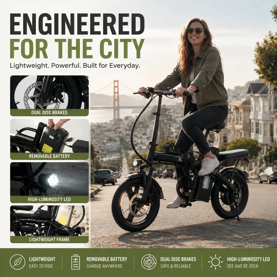 14 Inch Folding Electric Bike for Adults 500W Peak Brushless Motor 35° Climbing Detachable Lithium Battery Dual Seat Dual Disc Brake Portable Foldable City Commuter E Bicycle