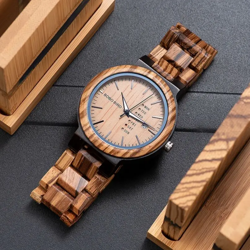 

BOBO BIRD Antique Wood Watches for Man Date and Week Display Luxury Brand Watch in Wooden Gift Box relogio masculino Dropship