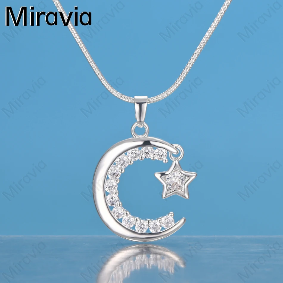 

Miravia 925 Sterling Silver Star And Moon Zirconia Pendant Necklace - Exquisite And Cute Wedding Party Jewelry For Women