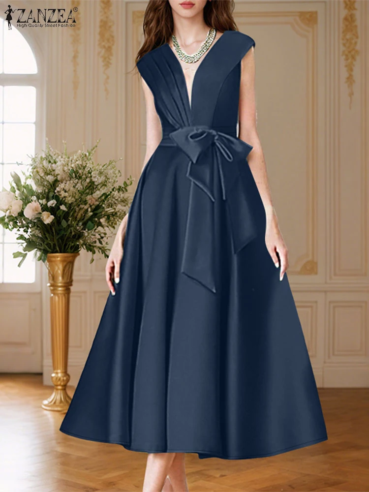 ZANZEA สตรีแฟชั่นซาตินค็อกเทลปาร์ตี้ Midi Dresses Elegant Pintuck V คอ Bow Tie A-Line Robes Femme เซ็กซี่ Vestidos