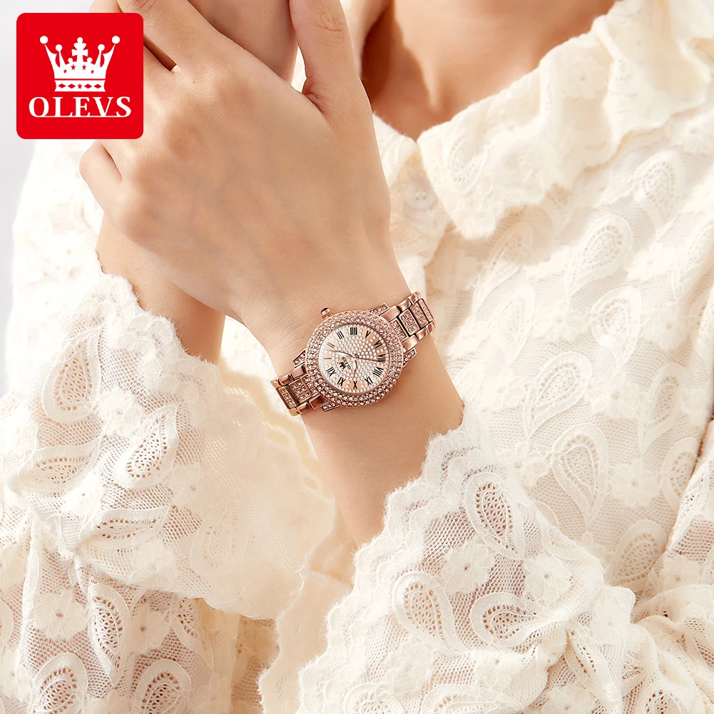 Imagem -03 - Olevs-relógio de Quartzo Impermeável Feminino Diamante Roman Dial Aço Inoxidável Elegante e Elegante Top Luxury 9943