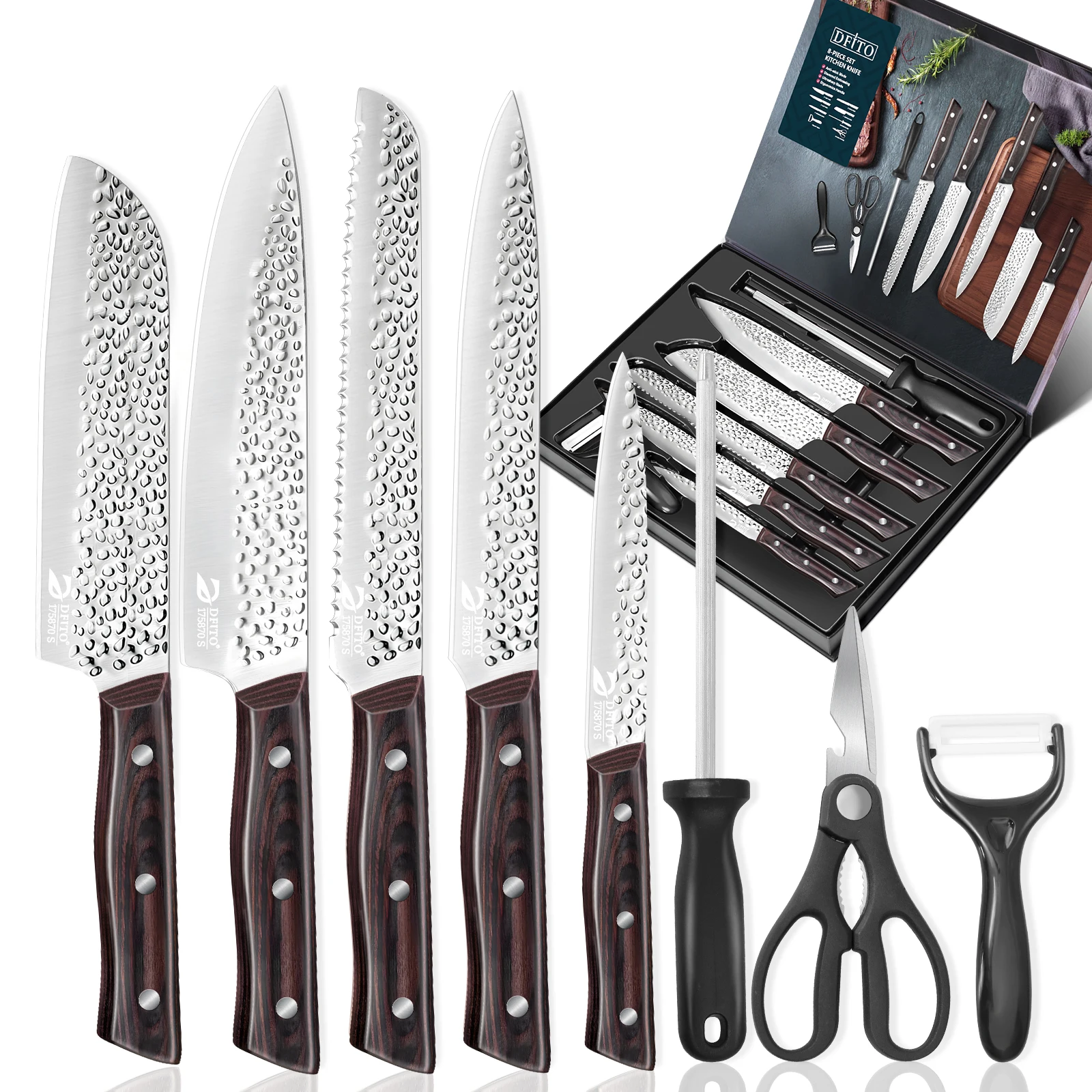 

8pcs Hammer Pattern Chef Knives Set Sharp Blade Kitchen Meat Cleaver Handmade Forged Boning Chopping Utility Kitchen Accessorie