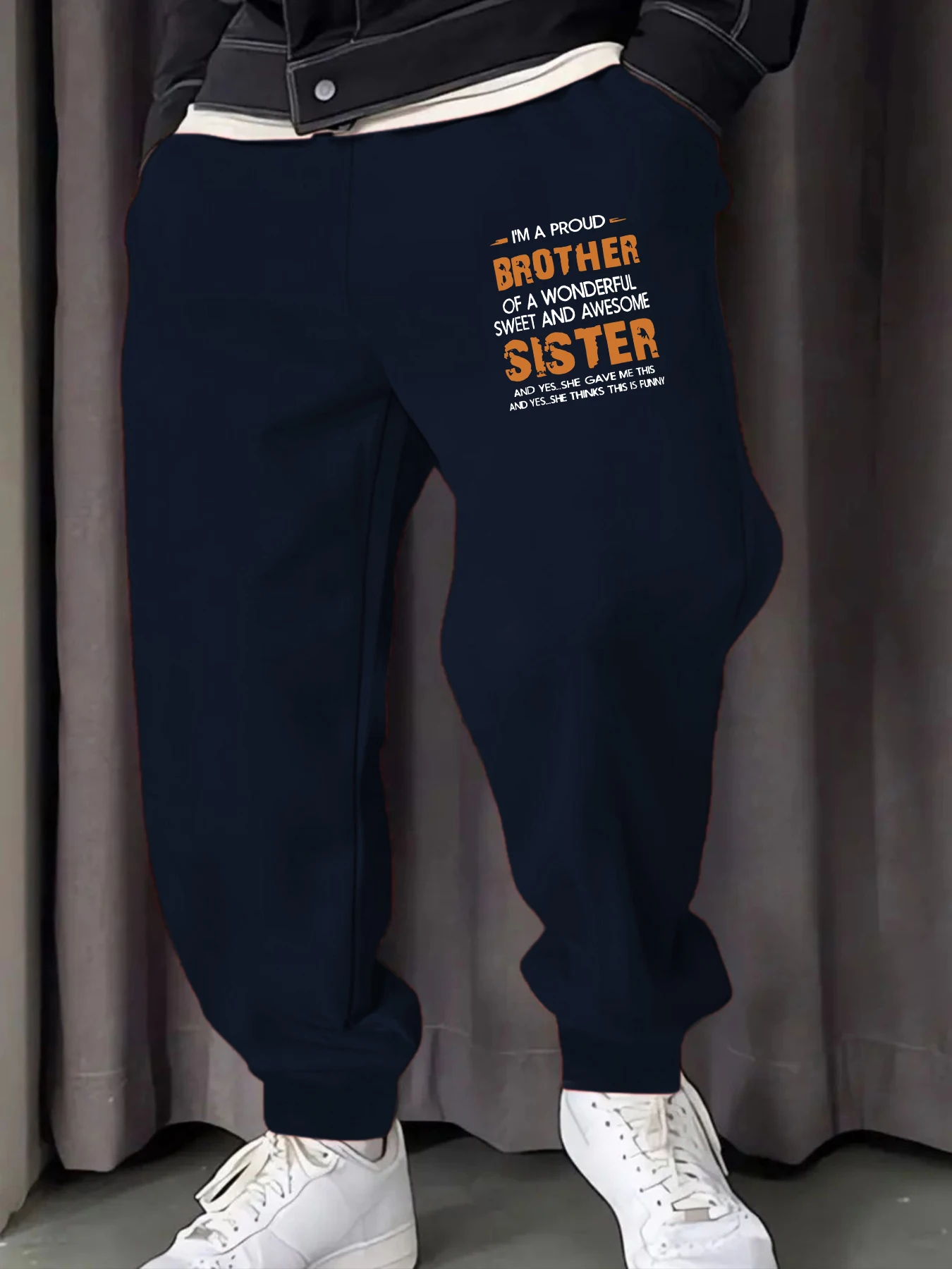 

Friendliness Of Brothers And Sisters Printed Male Sweatpants Soft Elastic Waist Pants Autumn Drawstring Pant Warm Britches