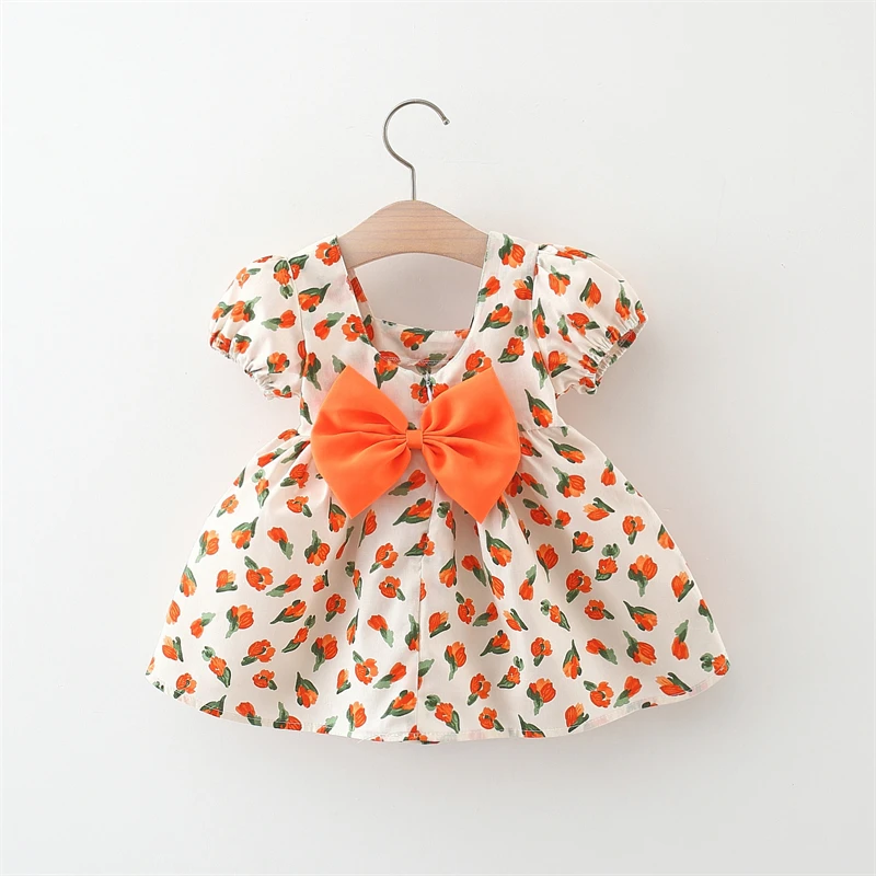 (0-3 Years Old) Baby Girl Cotton Flower Printed Short Sleeved Dress Cute Girl Bow Princess Dress